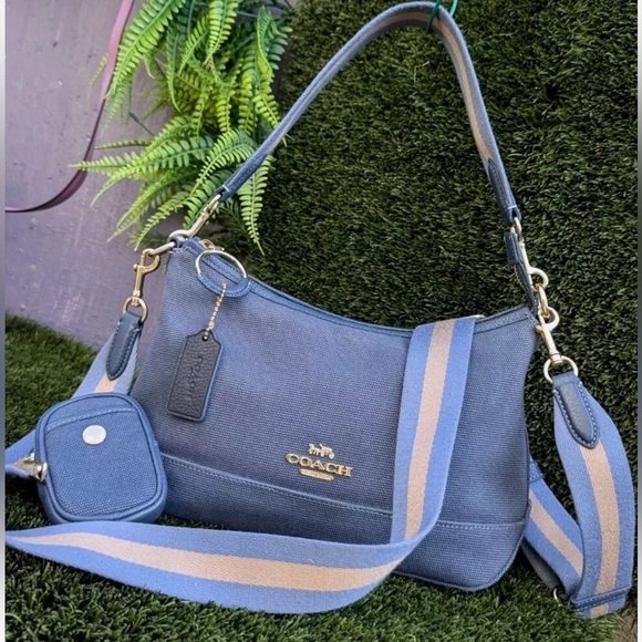 COACH Ellis Shoulder Bag Blue Canvas Leather Coin Pouch CA626 Crossbody Hobo Bag - Picture 1 of 11